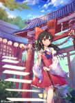  1girl :o architecture black_hair blue_sky bow broom clouds day detached_sleeves east_asian_architecture hair_bow hair_tubes hakurei_reimu highres holding lantern long_hair miniskirt outdoors red_bow red_eyes ribbon-trimmed_sleeves ribbon_trim rope shide shimenawa shoonear shrine skirt skirt_set sky solo torii touhou tree twitter_username vest 