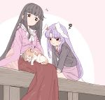  2girls animal animal_ears black_eyes black_hair blazer cat hime_cut houraisan_kaguya jacket japanese_clothes kimono long_hair long_skirt long_sleeves miniskirt multiple_girls necktie outdoors petting pink_kimono pink_skirt pout purple_hair rabbit_ears red_neckwear red_skirt reisen_udongein_inaba satomachi seiza sitting skirt squiggle sweatdrop touhou very_long_hair wide_sleeves 