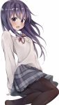  1girl akatsuki_(kantai_collection) alternate_costume black_legwear grey_skirt highres kantai_collection long_hair long_sleeves mochi_nabe open_mouth pantyhose plaid plaid_skirt pleated_skirt purple_hair red_ribbon ribbon simple_background skirt solo violet_eyes white_background 