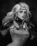  1girl bodysuit circlet claymore commentary dark_background eyelashes grey_eyes highres labret_piercing lips long_hair looking_at_viewer miawrly monochrome original parted_lips pauldrons piercing realistic solo teeth upper_body white_bodysuit white_hair 
