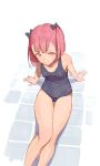  1girl bare_arms bare_legs bare_shoulders blue_swimsuit breasts closed_mouth commentary eyebrows_visible_through_hair fate/grand_order fate_(series) feet_out_of_frame helena_blavatsky_(fate/grand_order) highres long_legs looking_at_viewer one-piece_swimsuit pink_eyes pink_hair short_hair sitting sketch small_breasts solo swimsuit tim_loechner 