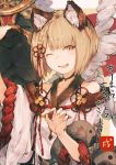  1girl animal_ears blonde_hair braid claw_pose commentary_request detached_sleeves dog dog_ears fang granblue_fantasy hair_ornament kashii_(amoranorem) solo text upper_body vajra_(granblue_fantasy) yellow_eyes 