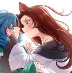  2girls animal_ears blue_eyes blue_hair blush brown_hair drill_hair fang_out fingernails from_side green_kimono hand_on_another&#039;s_cheek hand_on_another&#039;s_face imaizumi_kagerou japanese_clothes kimono long_fingernails long_hair long_sleeves multiple_girls nail_polish profile red_eyes red_nails satomachi simple_background touhou twin_drills upper_body wakasagihime white_background wolf_ears yuri 