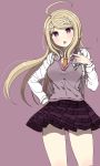  1girl ahoge akamatsu_kaede black_skirt blonde_hair blush breasts dangan_ronpa eyebrows_visible_through_hair hair_ornament hairclip long_hair looking_at_viewer medium_breasts musical_note musical_note_hair_ornament musical_note_print new_dangan_ronpa_v3 open_mouth pleated_skirt pointing pointing_at_self sailor_collar school_uniform serafuku skirt solo ssumbi violet_eyes 