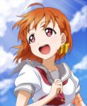  1girl ahoge bangs braid clouds dated looking_afar love_live! love_live!_sunshine!! morning open_mouth orange_hair red_eyes ribbon short_hair side_braid signature sky solo takami_chika takeya_yuuki uranohoshi_school_uniform yellow_ribbon 