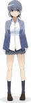  1girl :&lt; asahina_ryouka blue_eyes blue_hair brown_footwear jk_meshi! official_art school_uniform simple_background solo 