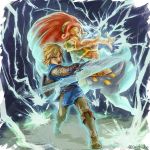  1boy 1girl artist_request big_hair blonde_hair dark_skin earrings gerudo green_eyes jewelry link lipstick long_hair looking_at_viewer makeup muscle muscular_female open_mouth pointy_ears redhead sword the_legend_of_zelda the_legend_of_zelda:_breath_of_the_wild thunder urbosa weapon 