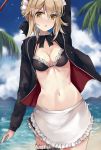  1girl apron arm_above_head artoria_pendragon_(all) artoria_pendragon_(swimsuit_rider_alter) bikini blonde_hair blue_sky blush breasts cleavage clouds contrapposto cowboy_shot d: detached_collar eyebrows_visible_through_hair fate/grand_order fate_(series) garter_straps hair_between_eyes highres jacket jacket_over_swimsuit medium_breasts navel open_mouth palm_tree saber_alter sky solo swimsuit tree yellow_eyes z_z 