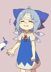  1girl bandaid bandaid_on_finger bare_arms blue_bow blue_dress blue_hair bottle bow cirno closed_eyes dress hair_bow highres ice ice_wings injury neck_ribbon puffy_short_sleeves puffy_sleeves red_ribbon ribbon sasa_kichi short_dress short_sleeves simple_background solo tears touhou wings 
