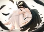  1girl ahoge albedo barefoot black_hair black_wings breasts commentary_request demon_girl demon_horns dress elbow_gloves feathered_wings feathers gloves hip_vent horns large_breasts leg_hug long_hair looking_at_viewer overlord_(maruyama) siraha sitting solo white_dress white_gloves wings yellow_eyes 
