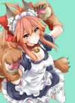  1girl animal_ears apron bell bell_collar breasts cat_paws cleavage collar fangs fate/grand_order fate_(series) fox_ears fox_tail gloves green_background hair_ribbon highres jingle_bell large_breasts long_hair looking_at_viewer maid_headdress musupon214 paw_gloves paw_shoes paws pink_hair red_ribbon ribbon shoes simple_background solo tail tamamo_(fate)_(all) tamamo_cat_(fate) tamamo_cat_(fate/grand_order) yellow_eyes 