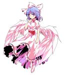  1girl alphes_(style) bangs bare_arms blue_eyes blue_hair bobby_socks bow breasts closed_mouth dairi dress eyebrows eyebrows_visible_through_hair feathered_wings feathers frilled_dress frills frown full_body hair_bow mai_(touhou) medium_breasts parody puffy_short_sleeves puffy_sleeves red_bow short_hair short_sleeves simple_background smile socks solo style_parody touhou touhou_(pc-98) transparent_background v-shaped_eyebrows white_bow white_dress white_legwear white_wings wings 