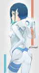  1girl aosora_kamiya ass blue_hair bodysuit breasts closed_mouth copyright_name cowboy_shot darling_in_the_franxx expressionless from_behind green_eyes grey_background hair_ornament hair_over_one_eye hairclip highres ichigo_(darling_in_the_franxx) logo looking_at_viewer looking_back medium_breasts pilot_suit shiny shiny_clothes shiny_hair short_hair skin_tight solo standing white_bodysuit 