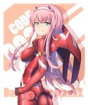  1girl ass bodysuit breasts character_name cowboy_shot darling_in_the_franxx from_behind green_eyes highres horns kaiyi long_hair looking_at_viewer looking_back medium_breasts pilot_suit pink_hair red_bodysuit shiny shiny_clothes shiny_hair sideboob skin_tight smile solo standing zero_two_(darling_in_the_franxx) 