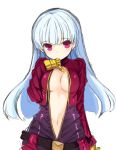  1girl bangs blue_hair blush bodysuit breasts brown_belt center_opening cleavage covered_mouth cropped_jacket eyebrows_visible_through_hair gloves head_tilt jacket kula_diamond kurasuke long_hair long_sleeves looking_at_viewer medium_breasts navel purple_bodysuit purple_jacket simple_background solo the_king_of_fighters very_long_hair violet_eyes white_background yellow_gloves 