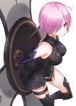  1girl boots breasts commentary_request dress elbow_gloves fate_(series) gloves hair_over_one_eye kfr looking_at_viewer mash_kyrielight medium_breasts pink_eyes pink_hair shield short_hair sleeveless smile solo thigh-highs thigh_strap tight_dress white_background 