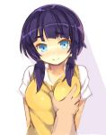  1boy 1girl bangs blue_eyes blush breast_grab breasts closed_mouth collarbone eyebrows_visible_through_hair grabbing head_tilt hetero kurasuke long_hair looking_at_viewer low_twintails medium_breasts original out_of_frame purple_hair shirt short_sleeves smile solo_focus sweater_vest twintails white_background white_shirt 