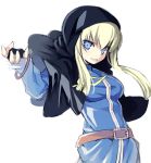 1girl bangs belt_buckle black_cape black_gloves blonde_hair blue_dress blue_eyes breasts brown_belt buckle cape copyright_request dress fingerless_gloves fingernails gloves goenitz hair_between_eyes hooded_cape kurasuke long_hair looking_at_viewer looking_to_the_side medium_breasts midnight_bliss parted_lips simple_background smile solo svc_chaos the_king_of_fighters the_king_of_fighters_&#039;96 white_background 