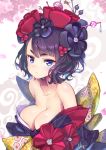  1girl bare_shoulders black_hair blue_eyes blush breasts cleavage collarbone commentary_request fate/grand_order fate_(series) flower hair_flower hair_ornament hairpin hong_(white_spider) japanese_clothes katsushika_hokusai_(fate/grand_order) kimono looking_at_viewer medium_breasts obi sash short_eyebrows short_hair solo 