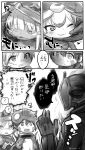  2boys 3girls :3 ? animal_ears bondrewd closed_mouth collar comic commentary_request ears_through_headwear eyebrows_visible_through_hair frown furry glasses gloves greyscale hat helmet highres horned_helmet made_in_abyss metal_collar monochrome multiple_boys multiple_girls nanachi_(made_in_abyss) one_eye_closed open_mouth parted_lips petting prushka regu_(made_in_abyss) riko_(made_in_abyss) short_hair smile suurin_(ksyaro) sweatdrop translation_request twitter_username whiskers wide-eyed 