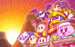  2boys ;) akeome armor beanie bird blue_hat blush_stickers bow bowtie commentary_request fence happy_new_year hat headphones jitome king_dedede kirby kirby_(series) looking_at_viewer mask meta_knight microphone mountain multiple_boys new_year nintendo notepad official_art one_eye_closed penguin red_neckwear smile sunrise translated video_camera waddle_dee wings 