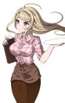  1girl ahoge akamatsu_kaede alternate_costume blonde_hair blush dangan_ronpa eyebrows_visible_through_hair eyelashes hair_ornament hairclip holding long_hair musical_note_hair_ornament new_dangan_ronpa_v3 ssumbi sweatdrop violet_eyes 