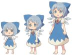  3girls barefoot blue_bow blue_dress blue_eyes blue_hair bow chibi cirno dress hair_bow ice ice_wings lineup multiple_girls puffy_short_sleeves puffy_sleeves sasa_kichi short_dress short_sleeves simple_background standing touhou white_background wings 