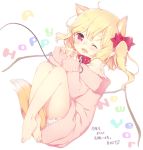  1girl alternate_costume animal_ears aogiri_sei bare_legs barefoot blonde_hair bloomers bow chains collar dog_ears dog_tail flandre_scarlet full_body hair_bow happy_new_year kemonomimi_mode looking_at_viewer new_year one_eye_closed pointy_ears red_bow red_eyes simple_background smile solo sweater tail touhou translated underwear white_background wings 