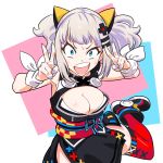  1girl blue_eyes breasts cleavage cleavage_cutout crazy_smile hair_ornament highres kaguya_luna kaguya_luna_(character) large_breasts looking_at_viewer nail_polish obi one_leg_raised open_mouth sash silver_hair sleeveless smile solo teeth thigh-highs twintails v 