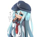  1girl absurdres anchor_symbol bangs black_hat black_skirt blue_eyes blue_hair blush commentary_request eyebrows_visible_through_hair flat_cap food food_in_mouth hair_between_eyes hat hibiki_(kantai_collection) highres holding holding_food idaten93 kantai_collection long_hair long_sleeves looking_at_viewer mouth_hold neckerchief pleated_skirt pocky red_neckwear school_uniform serafuku shirt simple_background skirt solo translation_request very_long_hair white_background white_shirt 