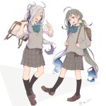  2girls ahoge alternate_costume asashimo_(kantai_collection) bag black_legwear blue_hair bow colis full_body green_bow grey_eyes grey_hair grey_skirt grey_sweater hair_between_eyes hair_bun hair_over_one_eye kantai_collection kiyoshimo_(kantai_collection) loafers long_hair low_twintails multiple_girls plaid plaid_skirt pleated_skirt ponytail school_bag school_uniform shoes silver_hair simple_background skirt standing sweater_vest twintails upper_teeth white_background 