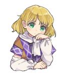  1girl bangs blonde_hair closed_mouth detached_sleeves eyebrows_visible_through_hair green_eyes hand_to_own_mouth head_tilt looking_at_viewer mizuhashi_parsee sasa_kichi scarf short_hair short_sleeves simple_background solo touhou upper_body white_background white_scarf 