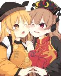  2girls black_dress black_hat blonde_hair blush breast_press breasts brown_hair commentary_request crescent dress hat holding interlocked_fingers junko_(touhou) large_breasts lolimate long_hair long_sleeves matara_okina multiple_girls one_eye_closed open_mouth orange_eyes red_eyes simple_background sweat tabard tassel touhou trembling upper_body white_background wide_sleeves 
