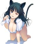  1girl ;d all_fours animal_ears barefoot black_hair blue_eyes breasts cat_ears cat_tail cleavage highres large_breasts long_hair looking_at_viewer masao one_eye_closed open_mouth original smile solo tail teeth 