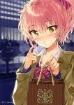  1girl :d bangs blush bow bowtie breath brown_coat building city coat day earrings eyebrows_visible_through_hair eyelashes fingernails grin hair_bow hair_twirling holding_bag idolmaster idolmaster_cinderella_girls jewelry jougasaki_mika long_fingernails long_sleeves looking_at_viewer miyabi_akino nail_polish nose_blush open_clothes open_coat open_mouth outdoors pink_bow pink_nails pink_neckwear ponytail road short_hair smile solo street teeth tree tsurime twitter_username upper_body valentine wing_collar yellow_eyes 