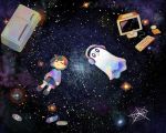  blue_shirt blue_shorts brown_hair cd character_request closed_eyes computer_keyboard ctr facing_viewer ghost headphones long_sleeves monitor nebula parted_lips refrigerator sasa_kichi shirt shoes shorts silk sky solid_oval_eyes space spider_web star_(sky) starry_sky undertale 
