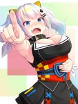  1girl :d arm_up armpits blue_eyes blush breasts cleavage hair_ornament highres kaguya_luna kaguya_luna_(character) large_breasts laughing looking_at_viewer oekakizuki open_mouth pointing pointing_at_viewer sleeveless smile solo tears teeth twintails white_hair 