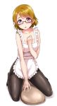  1girl :o \||/ apron between_legs black_legwear blush brown_hair clenched_hand collarbone commentary_request frilled_apron frills glasses hand_between_legs highres kneeling koizumi_hanayo looking_at_viewer love_live! love_live!_school_idol_project nearly_naked_apron oversized_object pantyhose rice_spoon semi-rimless_eyewear short_hair simple_background solo thighband_pantyhose under-rim_eyewear violet_eyes white_background yopparai_oni 
