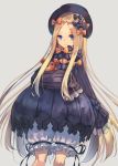 1girl absurdly_long_hair black_bow blonde_hair blue_eyes blush bow character_request closed_mouth eyebrows_visible_through_hair fate/grand_order fate_(series) hair_bow highres holding holding_stuffed_animal hopepe long_hair looking_at_viewer orange_bow sleeves_past_wrists smile solo stuffed_animal stuffed_toy very_long_hair 