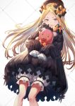  1girl abigail_williams_(fate/grand_order) bangs black_bow black_dress black_hat blonde_hair bloomers blue_eyes bow butterfly commentary_request dress fate/grand_order fate_(series) forehead hair_bow hat holding holding_stuffed_animal long_hair long_sleeves looking_at_viewer orange_bow parted_bangs parted_lips polka_dot polka_dot_bow sleeves_past_wrists sola_(solo0730) solo stuffed_animal stuffed_toy teddy_bear underwear very_long_hair white_bloomers 