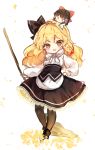  2girls black_bow black_legwear black_skirt blonde_hair boots bow broom brown_hair chibi commentary_request full_body hair_bow hair_tubes hakurei_reimu hand_on_hip holding holding_broom kirisame_marisa lace lace-trimmed_skirt long_hair looking_at_viewer multiple_girls no_hat no_headwear open_mouth pantyhose piyokichi red_bow shirt simple_background skirt smile standing touhou white_background white_shirt yellow_eyes 