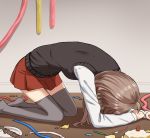  1girl ahoge all_fours broken brown_hair cake food fork grey_legwear indoors long_hair long_sleeves no_shoes on_floor original orz plate pleated_skirt rabochicken red_skirt school_uniform shirt skirt solo sweater_vest thigh-highs white_shirt 