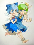  2girls ahoge ascot bare_legs barefoot blue_bow blue_dress blue_eyes blue_hair bound_ankles bow cirno daiyousei dress fairy_wings green_hair hair_bow hair_ribbon highres ice ice_wings multiple_girls open_mouth puffy_short_sleeves puffy_sleeves ribbon running sasa_kichi scan short_dress short_sleeves touhou traditional_media wings yellow_neckwear yellow_ribbon 