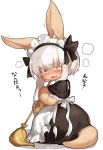  1girl ;3 alternate_costume animal_ears apron bangs black_dress black_ribbon blush broom catchphrase dress embarrassed enmaided eyebrows_visible_through_hair fang from_side full_body furry hair_ribbon hairband highres horizontal_pupils long_hair looking_at_viewer made_in_abyss maid maid_apron maid_headdress nanachi_(made_in_abyss) open_mouth paws puffy_short_sleeves puffy_sleeves ribbon short_sleeves silver_hair simple_background solo standing suurin_(ksyaro) tail translation_request whiskers white_background yellow_eyes 