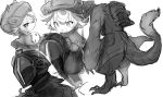  1boy 1girl :d backpack bag blush bondrewd capelet carrying claws creature eyebrows_visible_through_hair gloves greyscale hat helmet highres long_sleeves made_in_abyss meinya_(made_in_abyss) monochrome multiple_views open_mouth piggyback prushka short_hair simple_background smile spoilers standing suurin_(ksyaro) tail white_background 