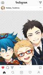  3boys :d atsushi_toushirou black_hair blonde_hair blue_eyes blue_hair fake_screenshot glasses grey_eyes grin hakata_toushirou instagram male_focus multiple_boys necktie open_mouth red-framed_eyewear sayo_samonji self_shot smile touken_ranbu twoframe 