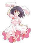  1girl ;d alphes_(style) animal_ears bangs black_hair carrot carrot_necklace dairi dress eyebrows eyebrows_visible_through_hair frilled_sleeves frills hair_between_eyes head_tilt inaba_tewi jewelry necklace one_eye_closed open_mouth parody pink_dress puffy_short_sleeves puffy_sleeves rabbit_ears red_eyes ribbon-trimmed_clothes ribbon-trimmed_dress ribbon_trim short_hair short_sleeves smile solo style_parody touhou 