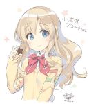  1girl blonde_hair blue_eyes blush bow bowtie character_name character_request chocolate closed_mouth collared_shirt commentary_request copyright_request dated eyebrows_visible_through_hair holding long_hair long_sleeves looking_at_viewer peko red_neckwear shirt smile solo sweater upper_body wing_collar yellow_sweater 