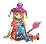  1girl :d american_flag_dress american_flag_legwear bangs blonde_hair clownpiece eyebrows_visible_through_hair hat jester_cap long_hair no_shoes open_mouth pantyhose red_eyes sasa_kichi short_sleeves simple_background sitting smile solo torch touhou very_long_hair white_background 