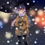  1girl arm_at_side black_hat black_pants black_umbrella blurry blurry_background breath cato_(monocatienus) commentary_request cowboy_shot eyebrows_visible_through_hair hat looking_at_viewer nagae_iku pants purple_hair red_eyes scarf short_hair smile snowing solo sweater touhou umbrella 